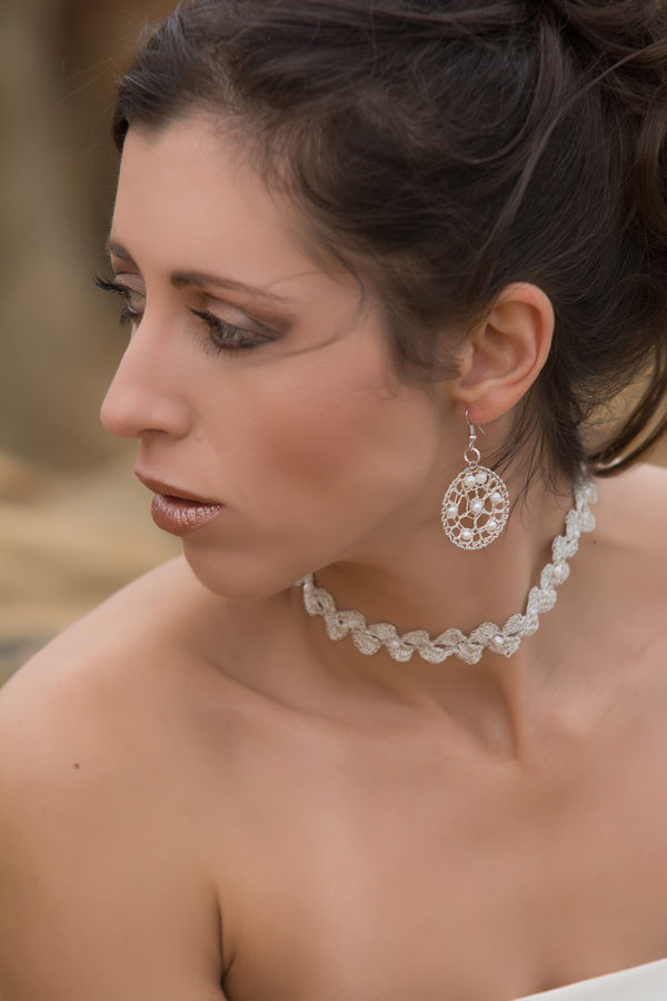 PEARLS IN ROMANCE Choker & Silver hoop earrings pearls drop, lightweight circle earrings, handmade crochet colorful ear jewelry