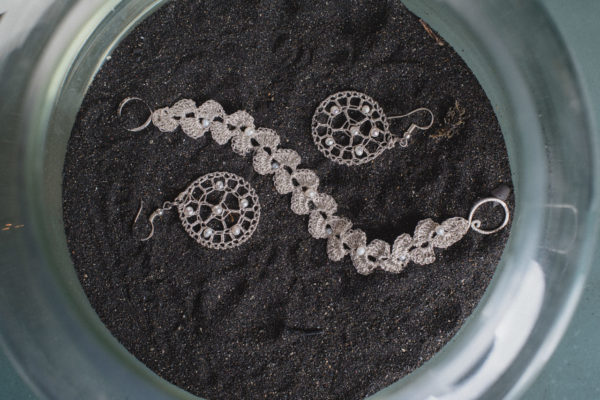 PEARLS IN ROMANCE Earrings & Bracelet Crochet Silver 925