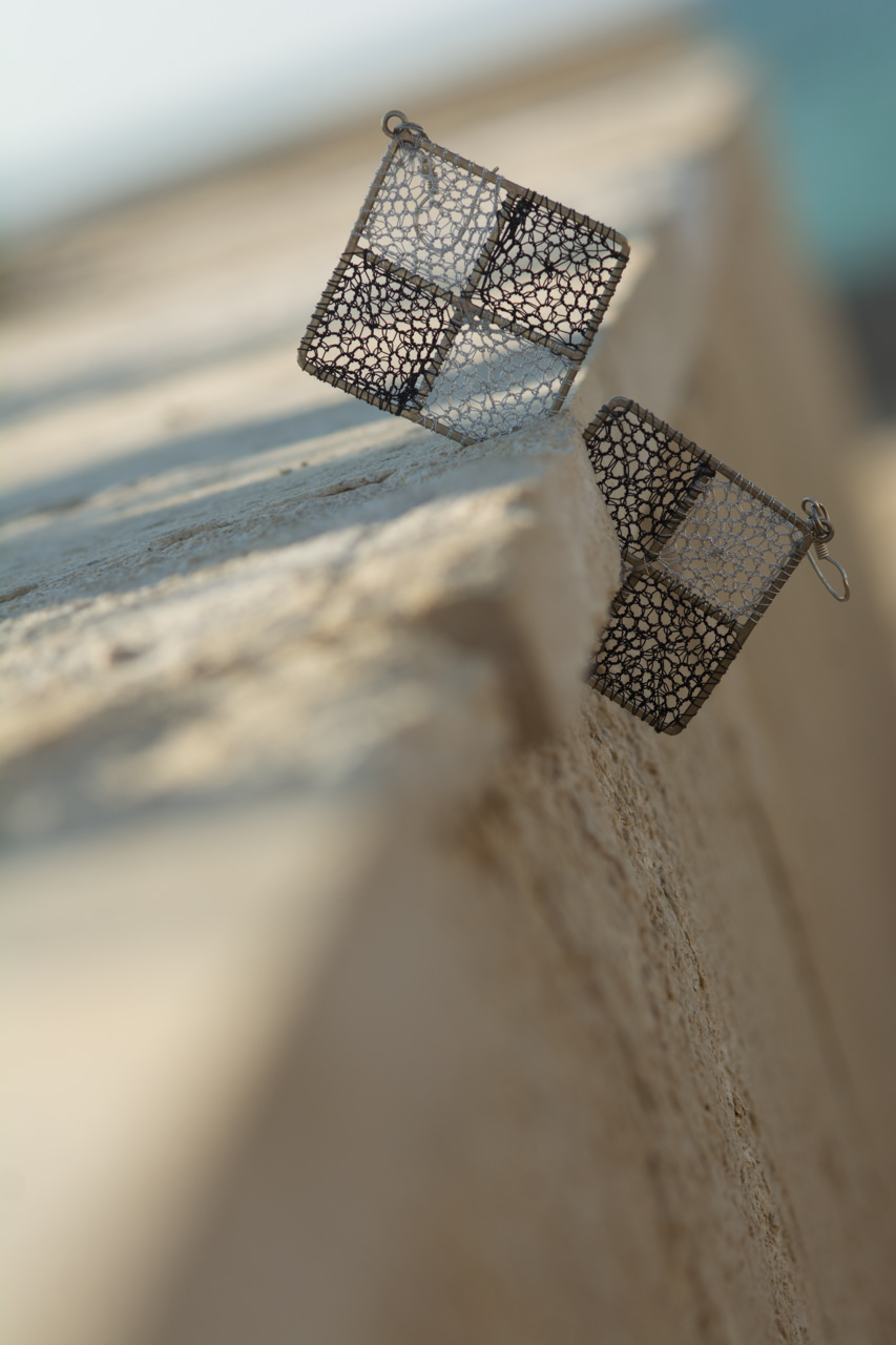 CHESSBOARD Earrings Crochet on Silver 925
