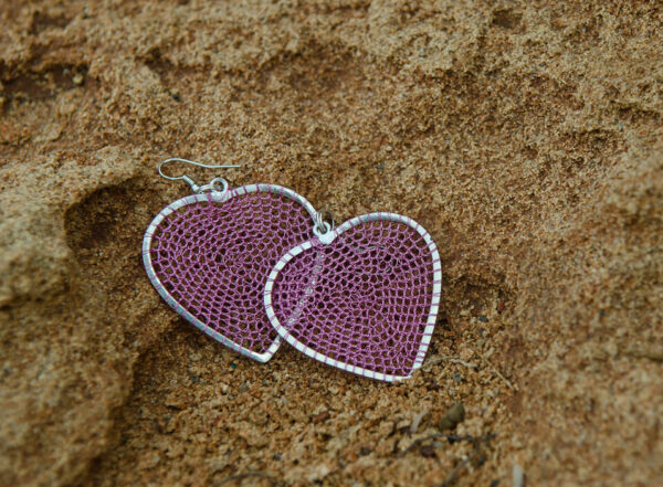 HEART 925 Silver Pink Heart Earrings Dangle Drop Crochet Lightweight Earrings