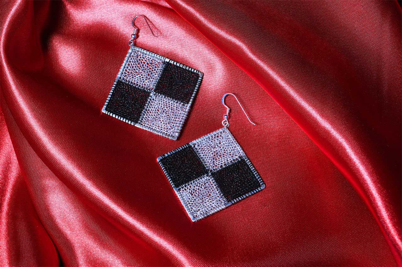 Handmade crochet CHESSBOARD Silver hoop earrings drop square earrings lightweight colorful crochet earrings